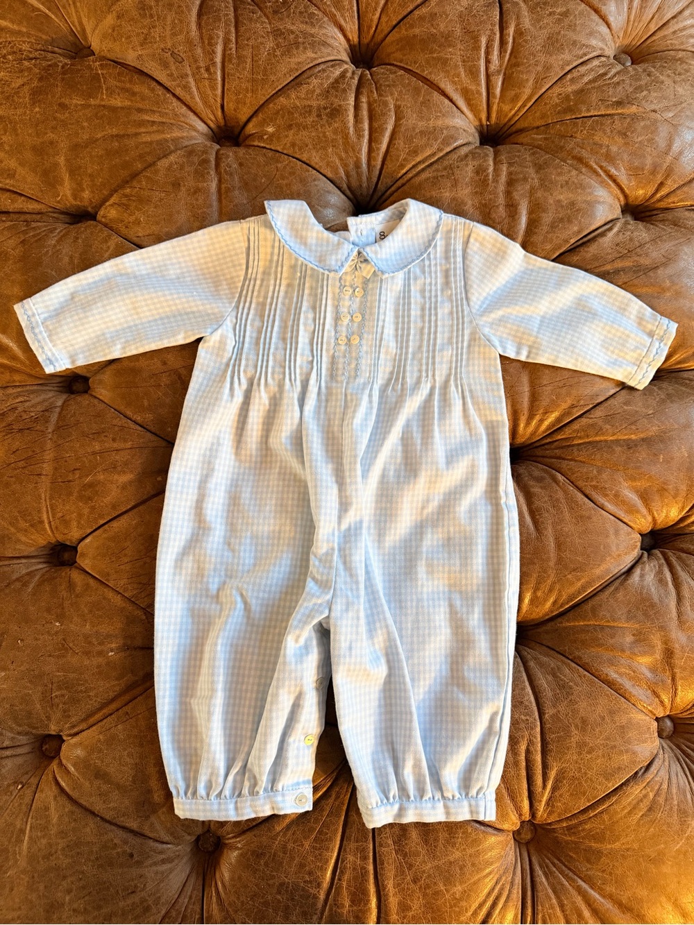 Sarah Louise England Baby Boy Blue Gingham Smocked Long Sleeve Romper Bubble 3M